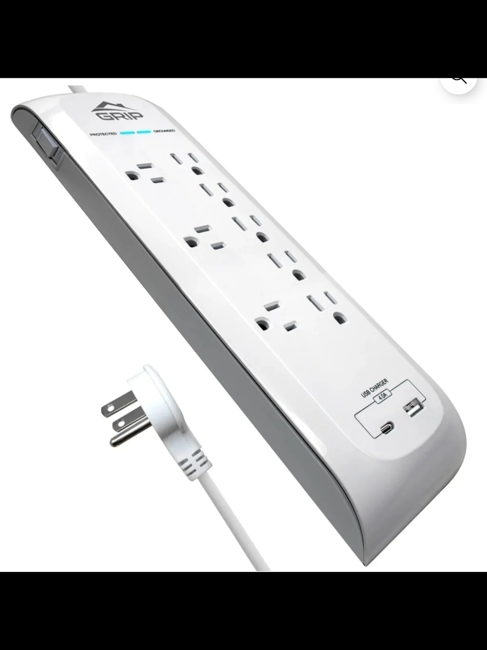 Grip White Surge Protector Power Strip with USB & C Port Charging 6 FT Cord New